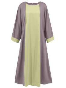 斋月春夏新款阿拉伯女式宽松优雅撞色圆领长袍连衣裙 - 香檳色 - 查看 4