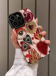 Valentines 2000s Fashion 1pc Embroidered Heart, Eye And Heart Pattern Faux Leather Soft Shockproof Phone Case Compatible With Iphone And