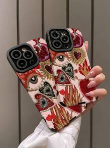 Valentines 2000s Fashion 1pc Embroidered Heart, Eye And Heart Pattern Faux Leather Soft Shockproof Phone Case Compatible With Iphone And