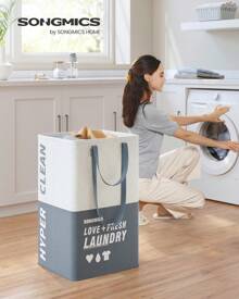 SONGMICS Grand Panier à Linge, 90L, Corbeille Linge 2 Compartiments, Tient Debout Tout Seul, Pliable, Double Poignée, pour Buanderie, Chambre, Salle de Bain, Bleu Foncé