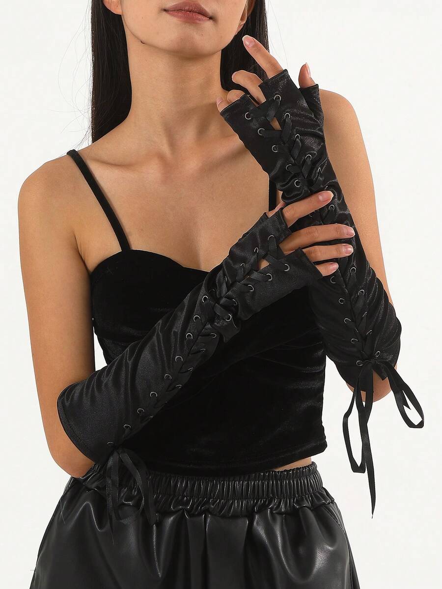 1 Cặp Găng tay satin in ren thanh lịch cho nữ, Găng tay satin phong cách Punk sang trọng, Thích hợp cho vũ hội hóa trang, tiệc tùng, phụ kiện COS - màu đen - Xem 1
