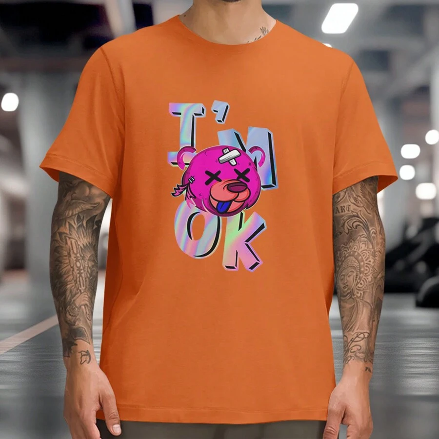 I'M OK BEAR T-Shirt Bear Shirt Round Neck Casual Short Sleeve Streetwear - 橘色 - 查看 1
