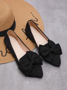 Women's New Outdoor Bow Knot Pointed Toe Low Vamp Flat Shoes Black Breathable Fabric Soft Bottom Daily Work Shoes, Driving Moccasins Lady Flat Shoes
