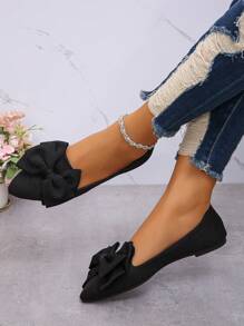 Women's New Outdoor Bow Knot Pointed Toe Low Vamp Flat Shoes Black Breathable Fabric Soft Bottom Daily Work Shoes, Driving Moccasins Lady Flat Shoes