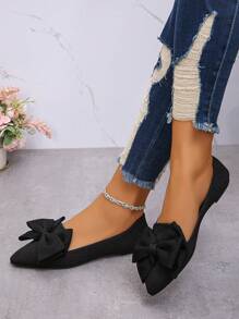 Women's New Outdoor Bow Knot Pointed Toe Low Vamp Flat Shoes Black Breathable Fabric Soft Bottom Daily Work Shoes, Driving Moccasins Lady Flat Shoes
