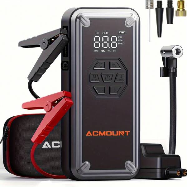 Acmount Avviatore di Emergenza con Compressore d'Aria per Gonfiaggio Pneumatici, Avviatore di Emergenza per Batteria per Auto 12V 3000A, Gonfiatore per Pneumatici per Auto Portatile 150PSI con Display LCD, Fino a 9,0 Gas/8,0 L Motori, Luce LED
