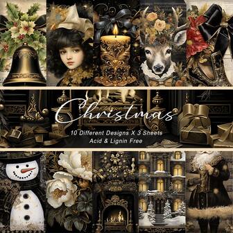 30pcs Gothic Christmas Scrapbook Paper Pad - Decorative Craft Papers For Card Making, Junk Journaling & Christmas Collection Kit, Black & Golden Floral Patterns Material Paper