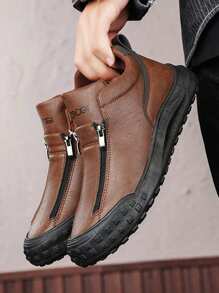 Men's Casual Sports Shoes, Fall/Winter New Fashion High Top Men Shoes, Side Zip No-Lace Design, Comfortable Flat Non-Slip Durable PU Leather Upper, Waterproof & Dirt-Resistant, Simple Letter Print, Versatile Casual Shoes For Young Men, Outdoor Colorblock Thick Sole Shoes, Suitable For Party, Work, Labor Protection