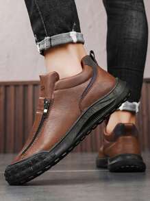 Men's Casual Sports Shoes, Fall/Winter New Fashion High Top Men Shoes, Side Zip No-Lace Design, Comfortable Flat Non-Slip Durable PU Leather Upper, Waterproof & Dirt-Resistant, Simple Letter Print, Versatile Casual Shoes For Young Men, Outdoor Colorblock Thick Sole Shoes, Suitable For Party, Work, Labor Protection