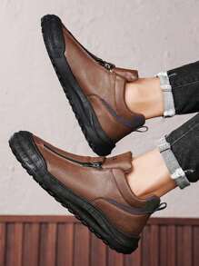 Men's Casual Sports Shoes, Fall/Winter New Fashion High Top Men Shoes, Side Zip No-Lace Design, Comfortable Flat Non-Slip Durable PU Leather Upper, Waterproof & Dirt-Resistant, Simple Letter Print, Versatile Casual Shoes For Young Men, Outdoor Colorblock Thick Sole Shoes, Suitable For Party, Work, Labor Protection