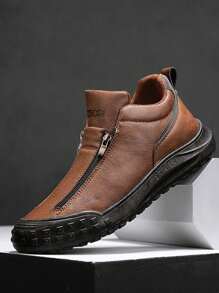Men's Casual Sports Shoes, Fall/Winter New Fashion High Top Men Shoes, Side Zip No-Lace Design, Comfortable Flat Non-Slip Durable PU Leather Upper, Waterproof & Dirt-Resistant, Simple Letter Print, Versatile Casual Shoes For Young Men, Outdoor Colorblock Thick Sole Shoes, Suitable For Party, Work, Labor Protection