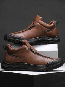 Men's Casual Sports Shoes, Fall/Winter New Fashion High Top Men Shoes, Side Zip No-Lace Design, Comfortable Flat Non-Slip Durable PU Leather Upper, Waterproof & Dirt-Resistant, Simple Letter Print, Versatile Casual Shoes For Young Men, Outdoor Colorblock Thick Sole Shoes, Suitable For Party, Work, Labor Protection