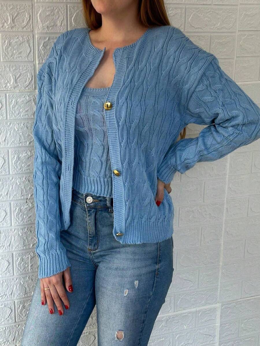 Winter Braided Coat And Tank Top - 3 Button Knit Twin Set - Knit Set - Baby Blue - View 1