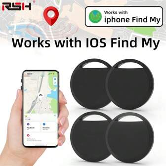 RSH 4 Packs Black Smart Tag, GPS Smart Tracker Works Compatible With Apple Find My(Only Only Compatible With Apple Mobile,Not For Android)Worldwide Anti-Loss Location Tracking, For Bags, Keys, Item Locator, CR2032 Replaceable Battery&Privacy Protection, Support 5 People Family Sharing