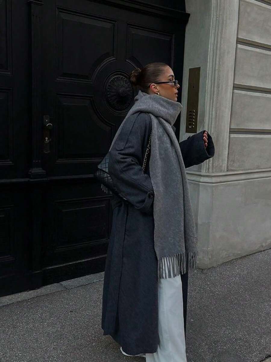 1 件女士纯色斗篷围巾，简约百搭长款保暖围巾，适合秋冬季 - 02-深灰 - 查看 1