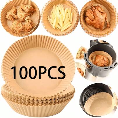 100pcs Air Fryer Disposable Paper Liners, Air Fryer Parchment Paper Liners, Non-Stick Air Fryer Baking Paper, Round Air Fryer Paper Liners, Non-Stick Baking And Microwave Oven Parchment Paper, Kitchen Accessories, Tools