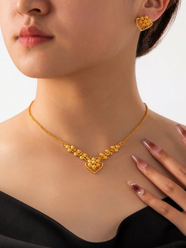 3 قطع قلادة مجوهرات أزياء على طراز دبي من الذهب عيار 24 قيراط للنساء، إكسسوارات عربية سعودية