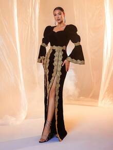 Black Long Sleeve Square Collar Split Hem Bodycon Modest Dress - Black - View 5