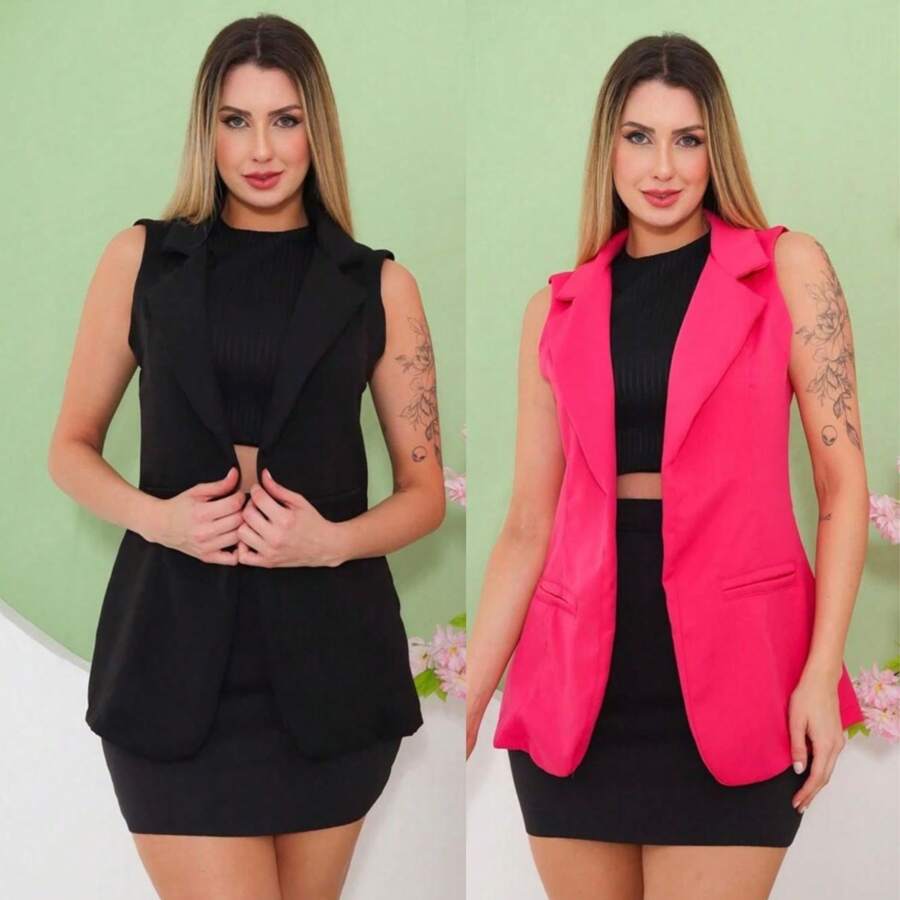 Kit 2 Women's Long Tailored Vest, Elegant, Chic, Top - Đen và Hồng - Xem 1