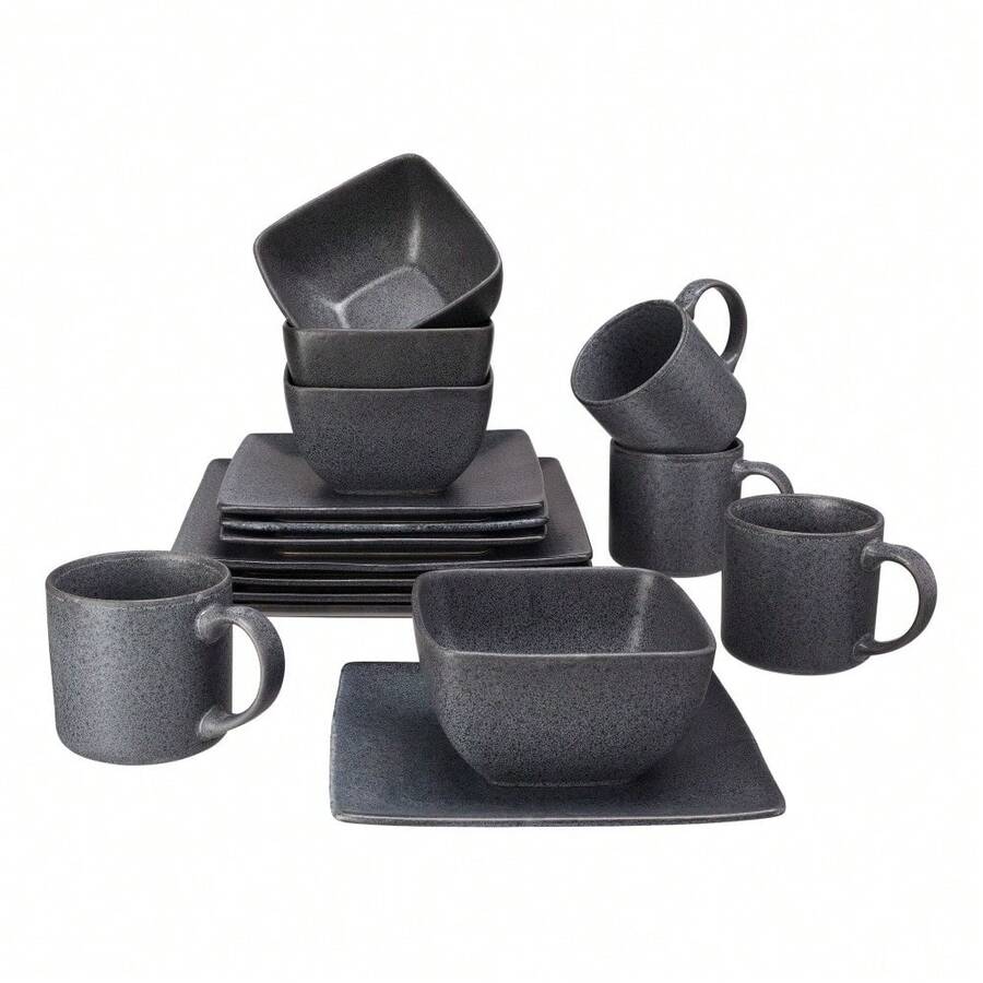 Dark Gray Square Stoneware 16Piece Dinnerware Set SHEIN USA