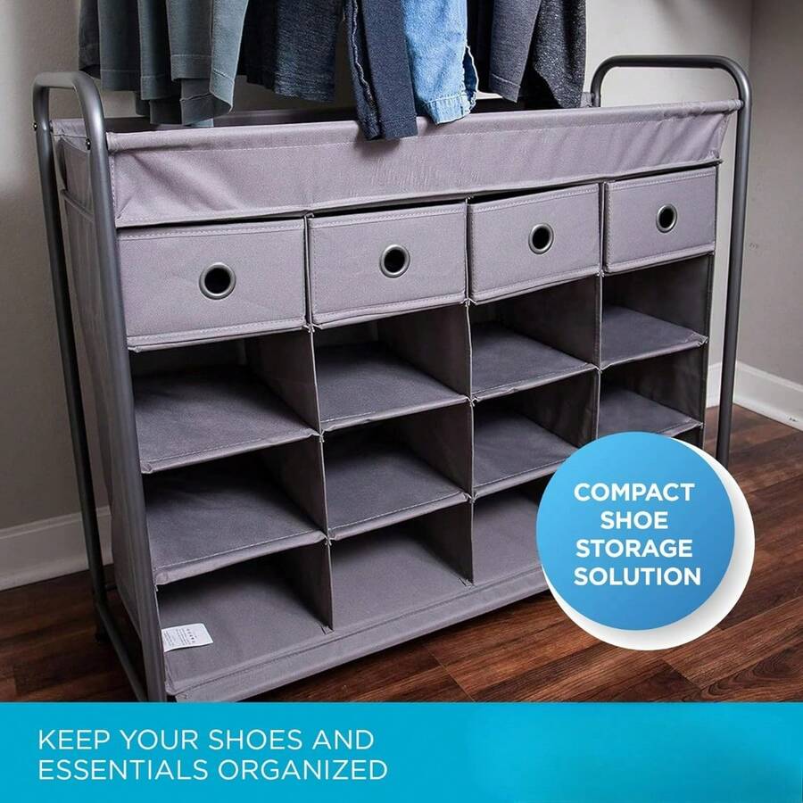 16Cubby Shoe Rack Organizer With 4 Drawers Standing Metal Frame