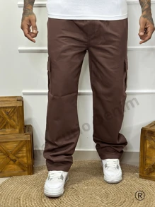 Kit 2 Men's Cargo Pants Jeans And Twill With Wide Legs And Elastic Waistband With Utility Pockets 100% Cotton, For Casual Work - Rust Brown - View 4