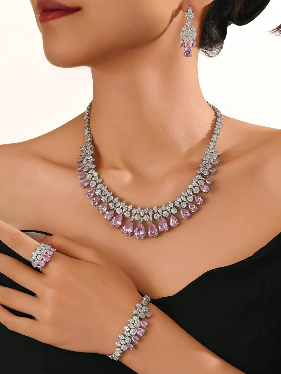 Set de bijuterii de lux cu 4 bucăți pentru femei, colier, cercei, inel, brățară cu zirconiu verde și roz încrustat cu cupru, set de bijuterii de mireasă, cadou de Ziua Îndrăgostiților pentru prietenă