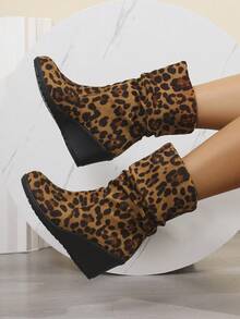 Giày bốt cao đến giữa bắp chân mũi tròn mới cho nữ, giày bốt cổ ngắn bằng da lộn, thoải mái - da báo - Xem 4