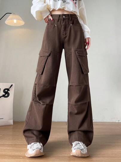 Women's Casual Cargo Style Patchwork Design Fashion Loose Straight Leg Jeans