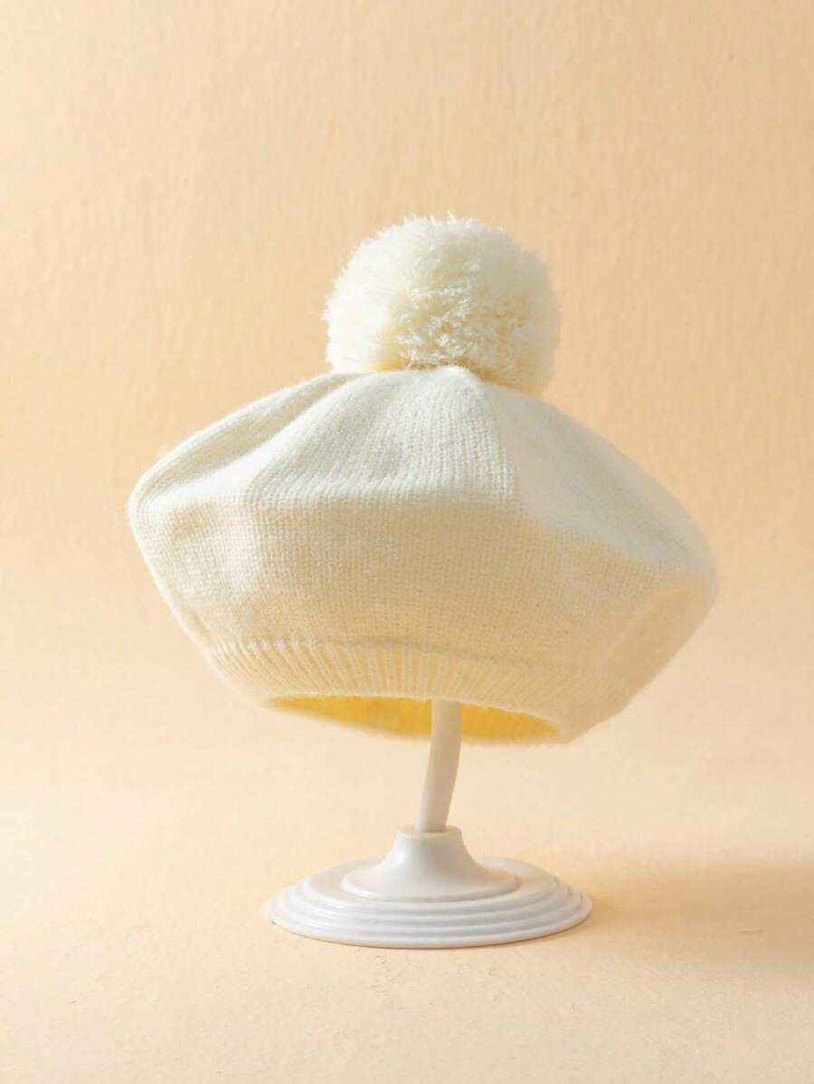 1pc Infant Solid Color Pom Pom Beret Hat, Warm For Winter - Beige - View 1