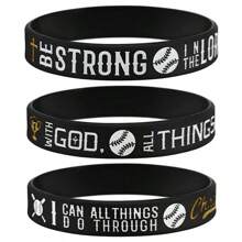 3pcs Never Give Up Baseball Inspirational Quote Silicone Rubber Bracelets - Black - View 1