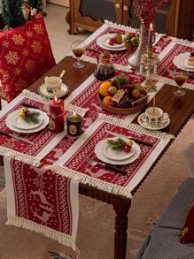 1 szt. Czerwony bieżnik na stół z motywem świątecznym/1 zestaw czerwonych bieżników na stół + zestaw podkładek, wzór pudełka na prezent w renifery, długi pokrowiec na stół, odpowiedni do stołu jadalnego, stolika kawowego, stolika do herbaty, dekoracji komody - Czerwony - Zobacz 43