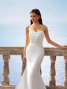 Váy cưới đuôi cá Baroque thanh lịch không dây bằng vải satin bóng quyến rũ có đuôi, màu trắng cho cô dâu trong đám cưới ngoài trời - trắng - Xem 7