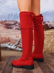 Plus Size Women's Thick Sole Chunky Heel Thigh High Boots, Round Toe Suede Minimalist Classic Design With Back Lace Up, Suitable For Autumn/Winter , Perfect With Pants