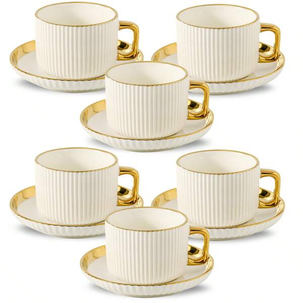 Ceramic Teacup And Saucer Set, European-Style Gold Rim Drinkware For Coffee, Tea, Party, Home, Garden, Restaurant, Suitable For Summer And Winter Back To School
