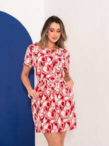 Vestido curto estampado com cinto amarrar - Vermelho - Visão 7