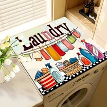 1pc Anti-Slip Soft Bottom Washing Machine Cover Mat, Cartoon Text Print, Absorbent Top Protective Pad, Fast Drying Refrigerator Dust Cover, Modern Laundry And Kitchen Appliances Washer And Dryer Cover, Home & Kitchen Decor - Multicolor - View 2
