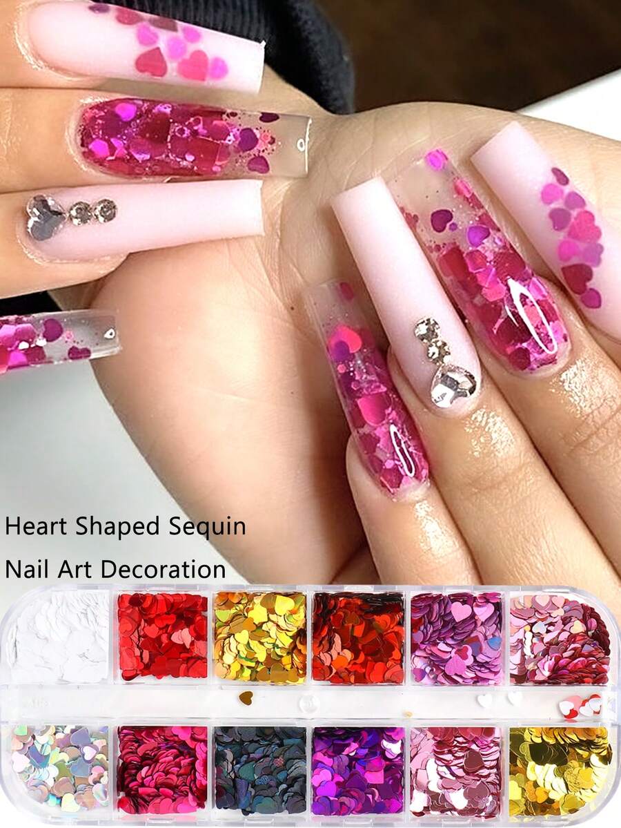 12 Lưới hồng hình trái tim nghệ thuật làm móng kim sa kích thước hỗn hợp đầy màu sắc hình trái tim nghệ thuật móng tay ba chiều thiết kế ngày lễ tình nhân dễ thương sáng bóng trang trí nghệ thuật móng tay tự làm vật dụng cho tiệm làm móng - Nhiều màu - Xem 1