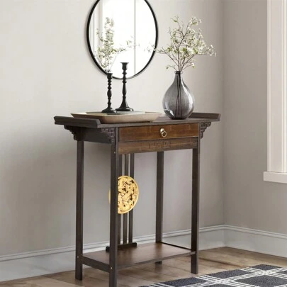 UNHO Konsolentisch Holz Schmal mit Schublade, 82x32x82 Sideboard mit 2 Ablagen Chinesischer Japanischer Stil für Flur Wohnzimmer Eingang