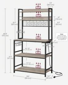 VASAGLE Kitchen Storage Rack With Power Outlet, Coffee Bar, Baker's Rack, With Metal Wire Panel, 14 Hooks, For Microwave, Steel Frame, 40 X 80 X 170 Cm, Greige And Ink Black
