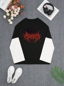 Women's Retro Punk Rock Gothic Style Lightning Print Colorblock Long Sleeve Top, Aesthetic Look Casual Spring - Multicolor - View 3