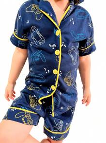 Kit 2 Children's Pajamas For American Boys Toddler Baby Blouse And Shorts With Buttons Summer Short With Collar Various Prints Comfortable Mesh For Sleeping Sizes 2 To 10 - Navy Blue - View 2
