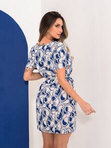 Short Printed Dress With Tie Belt - Blue and White - View 4