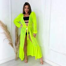 Saída De Praia Feminina Longa Manga Rodada Amarração Vestido Canga De Amarrar Piscina - Amarelo - Visão 1