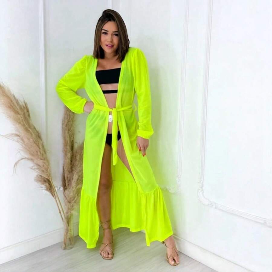 Saída De Praia Feminina Longa Manga Rodada Amarração Vestido Canga De Amarrar Piscina - Amarelo - Visão 1