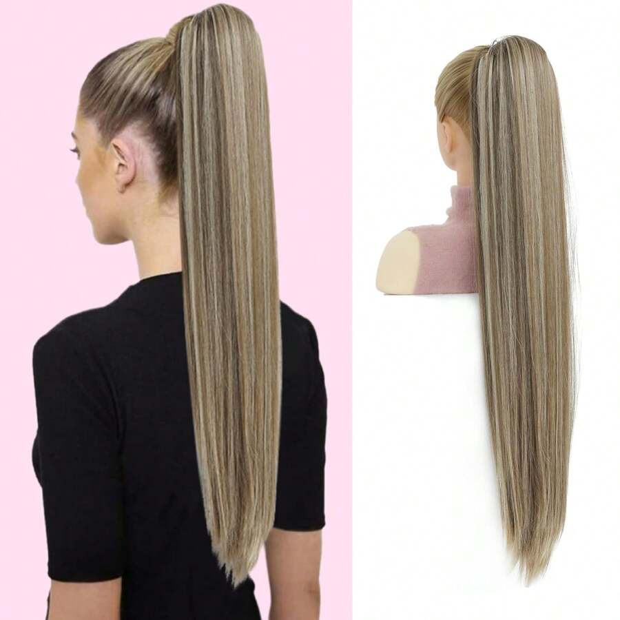 Drawstring Ponytail Extension,30inch Long Straight Synthetic Ponytail Extension 2 Clips Hairpiece For Women Daily Use - Light Brown with Blonde Highlights - View 1