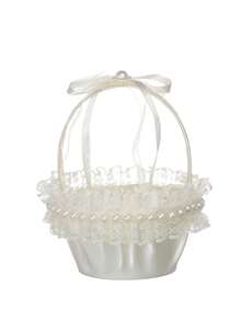 1 件白色缎带花篮，蕾丝珍珠蝴蝶结缎带花童篮，适用于婚礼花童篮、戒指托盘、花瓣篮、珠宝展示托盘 - 多色 - 查看 5