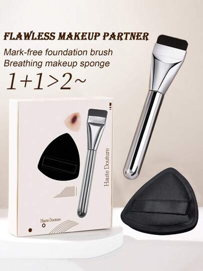 2PCS Ultra-Thin Foundation Makeup Brush & Black Air Cushion Makeup Sponge Set Lightweight Facial Contour Brush Flat Mask Brush Professional Makeup Tools Wet And Dry Dual-Use Makeup Sponge Mixing Foundation Makeup Brush Christmas Gift For Friends Gift For Family Gift For Girlfriend Gift For Classmates 1PC/2PCS