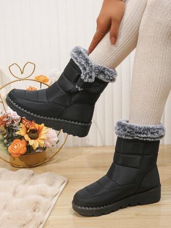 Fashionable Fluffy Lined Waterproof And Anti-Slip Ankle Snow Boots For Women, Warm For Winter