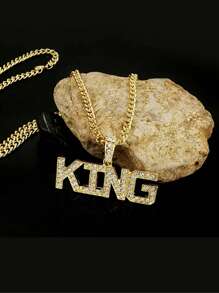 1 pieza Collar con colgante de corona de cristal estilo hip-hop punk con la palabra "REY" y cadena, joyería de moda para niños - A - Ver 2